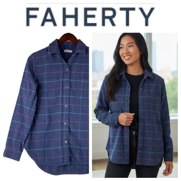 Faherty Ventura Plaid Shirt Button Down Top Sz Small Oversized Flannel Blue - Picture 1 of 4